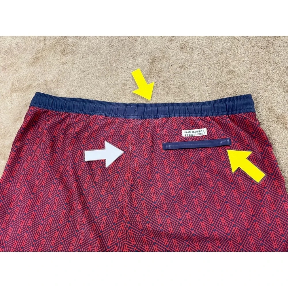 Fair Harbor Swim Trunks Shorts XL Red Geometric Pattern Recycled Polyester Blend